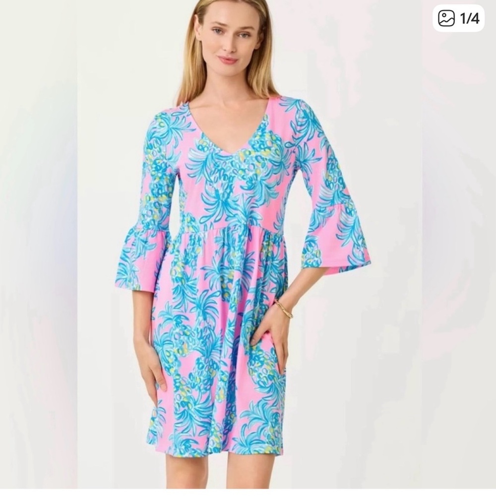 NWT Lilly Pulitzer Jannie V neck Dress Large Pelican Pink